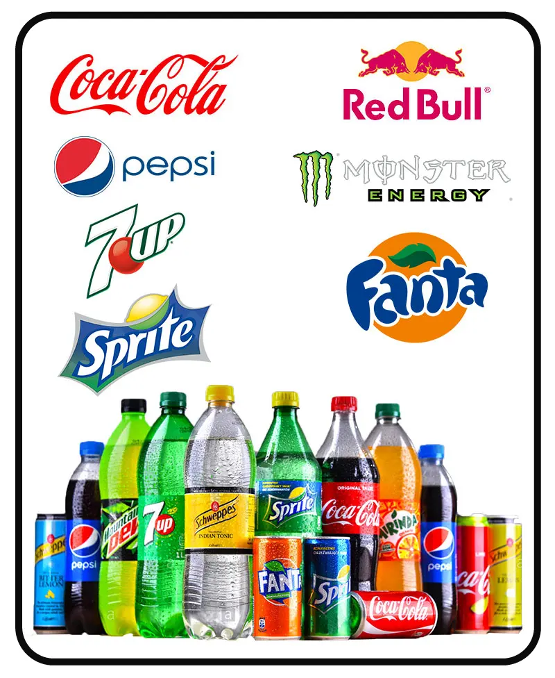 Selection of branded soft drinks, energy drinks and beverages available for wholesale export