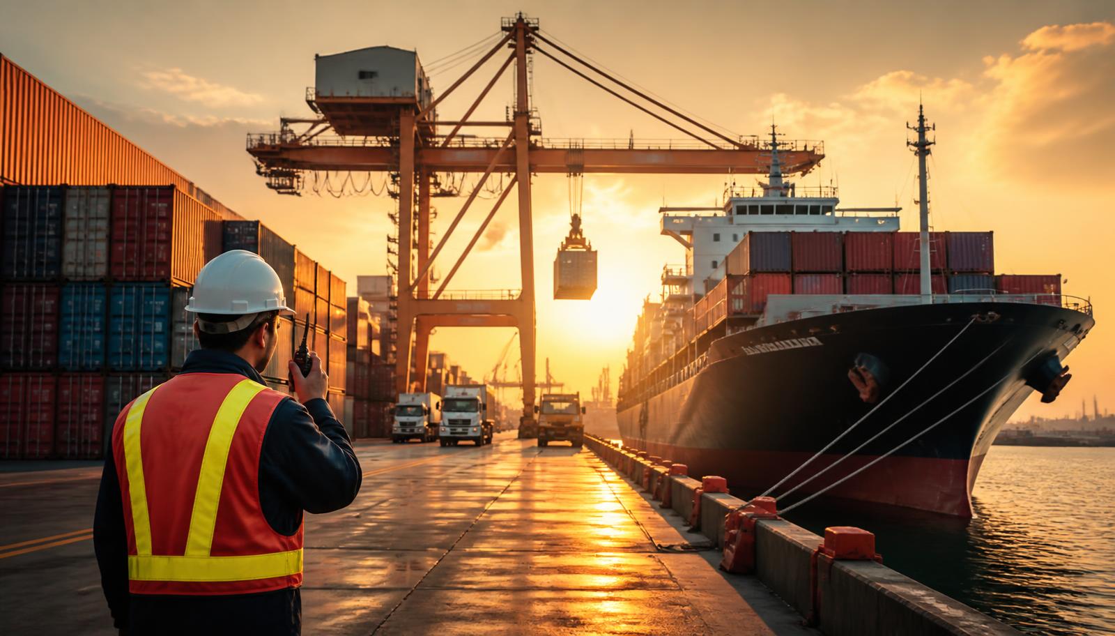 Container ship being loaded at a port at sunset